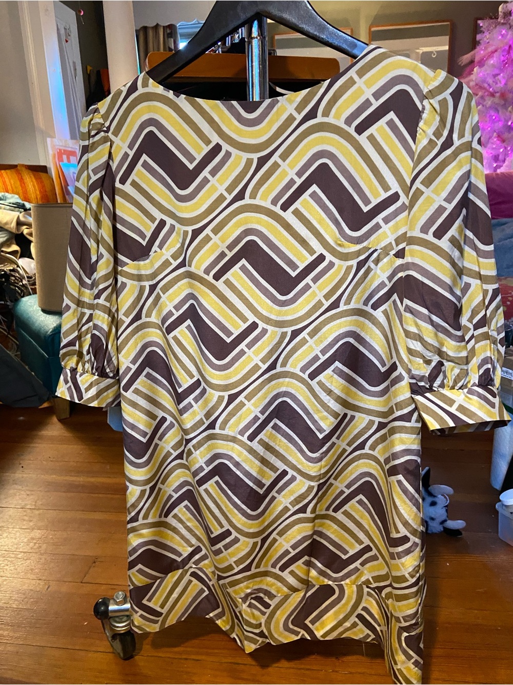 Amanda Uprichard Brown, Yellow & Cream Geometric Silk Short Tunic
